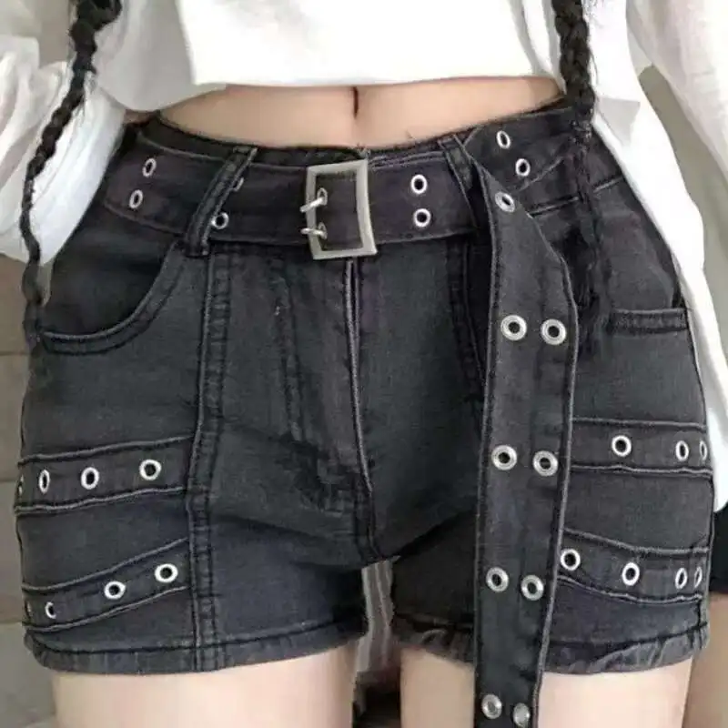 Vintage Black Hollow Out With Belt Women Slim Fit Denim Pants Hotsweet Streetwear Style Short Jeans  Summer