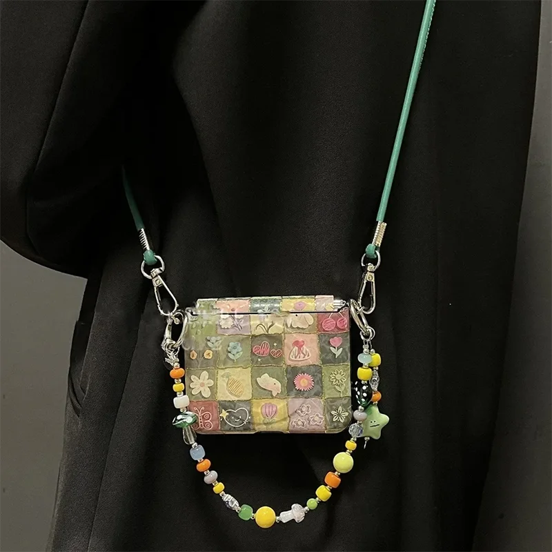 Cute Grid Floral Rabbit Case For Samsung Z Flip7 6 5 Xiaomi Mix Flip/Pura X Protective Cover With Hand Chain& Crossbody Lanyard