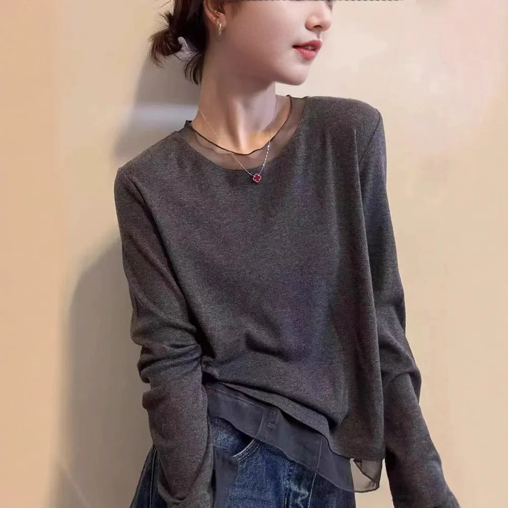 2026 New Temperament Fungus Edge Collar Long-sleeved Clothes Bottoming Shirt Top Design Sense Splicing Polished Inner Cardigan