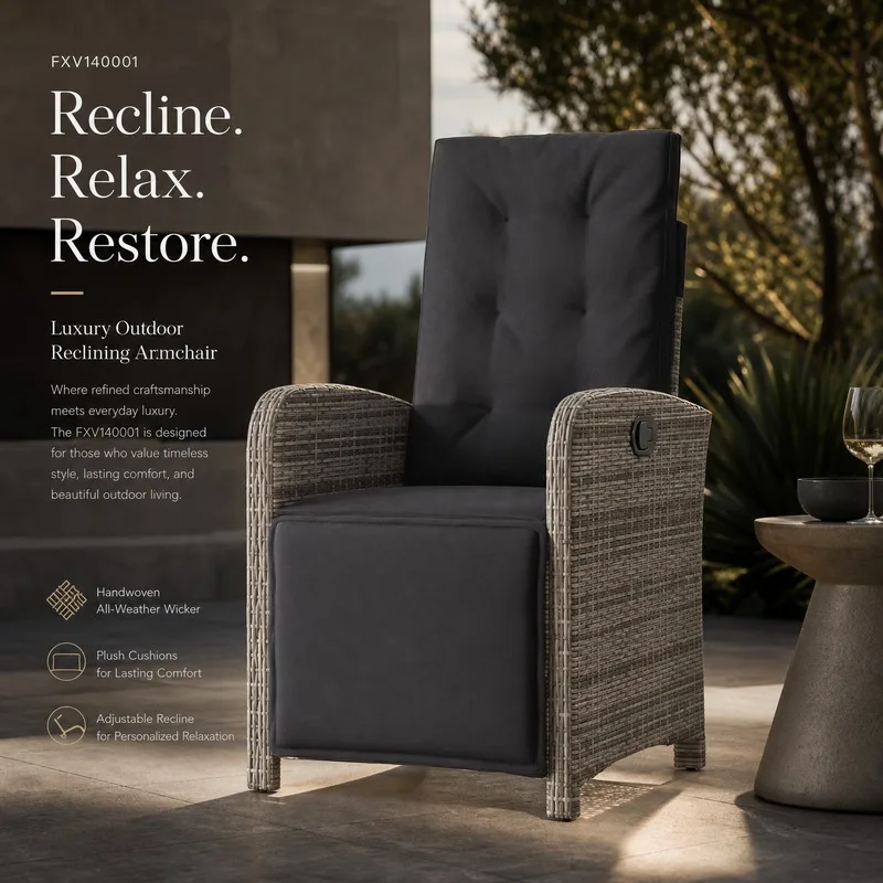 Chaise de jardin élégante en polyrotin gris + repose-pieds réglable, haute qualité, facile à nettoyer
