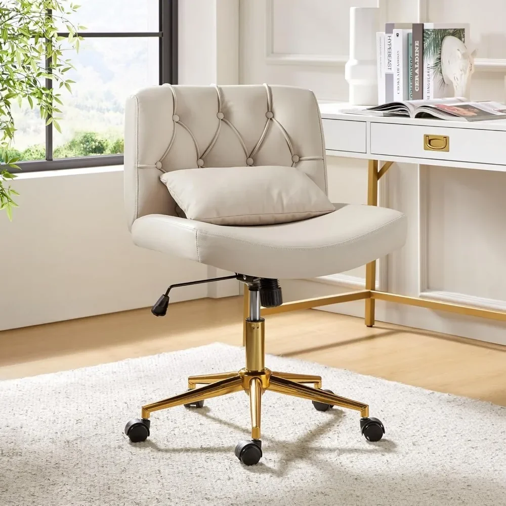 Computer Chair,Genuine Leather，Wide Seat Officewith Lumbar Pillow, Tanned Color, Office Chair