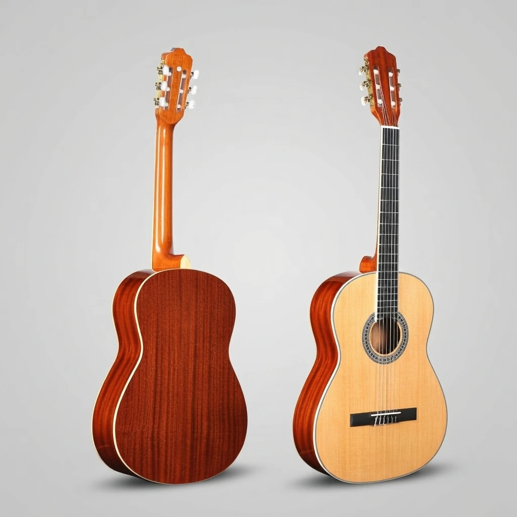 Full Bodied Classical Guitar with Nylon Strings, Natural Top Red Brown Back, Slotted Headstock, White Tuners for Beginners
