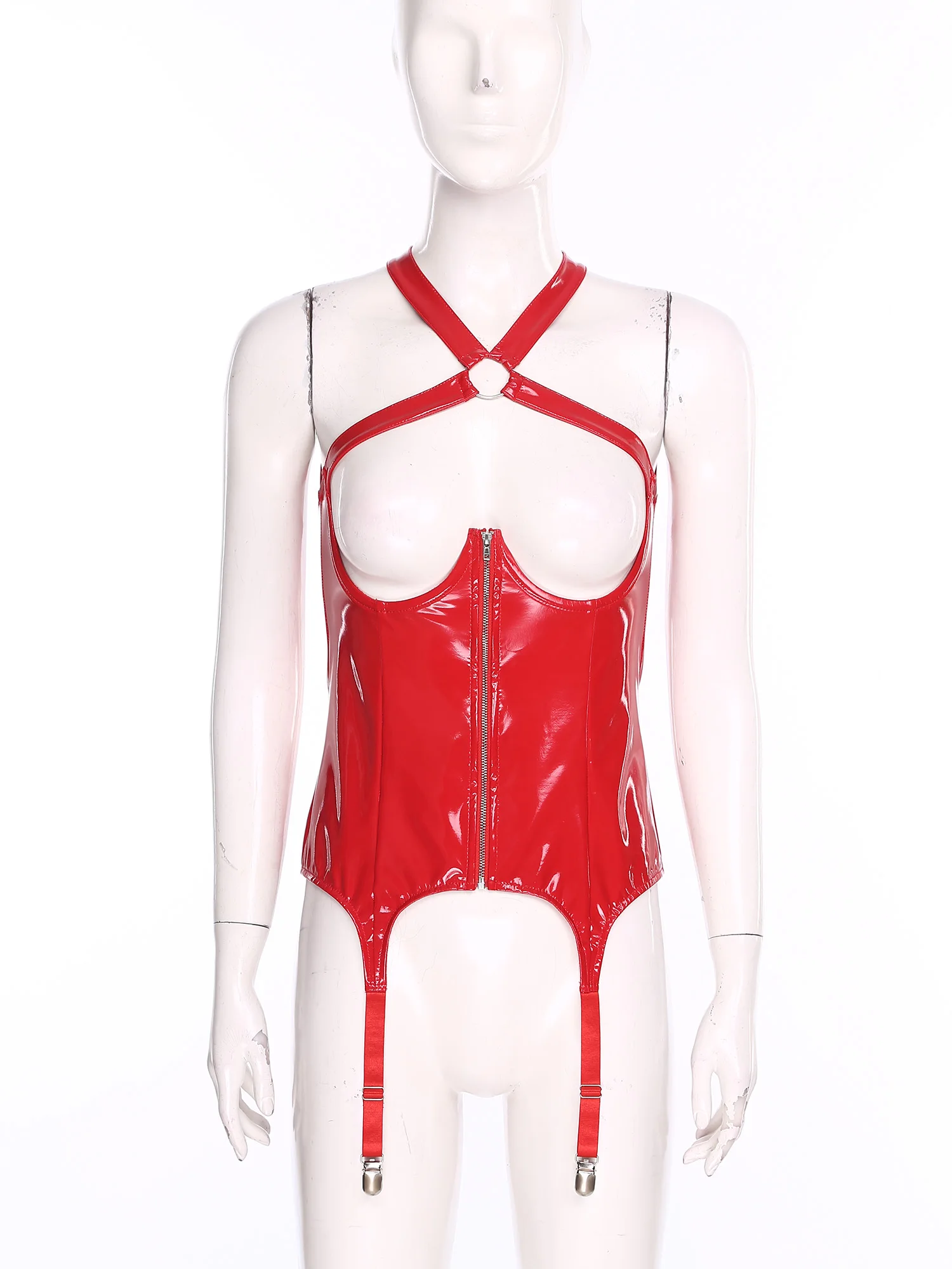 

Women Lingerie Open Cup Crop Tops Wet Look Crossing Straps Suspenders Garter Clip Bodysuit Tops for Erotic Dating Nightwear