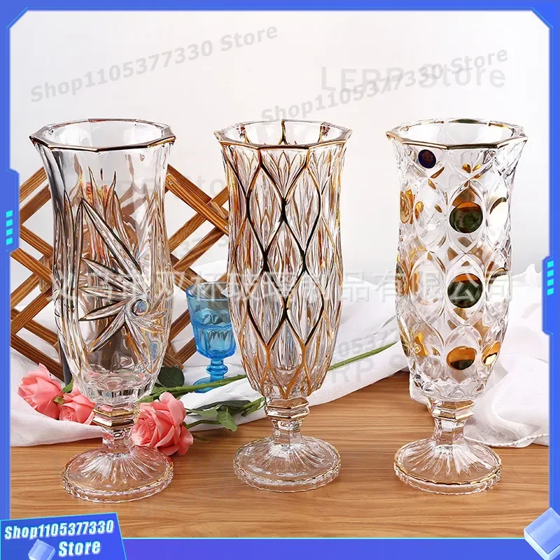 Luxury Crystal Glass Vase with Gold Accents for Home Decor Living Room Flower Arrangement Hydroponic Planter Ornament Elegant