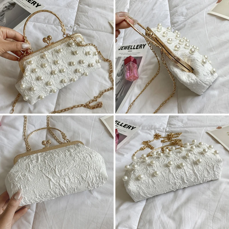 Luxury Ladies Evening Hand Bags For Women 2022 Fashion Pearled Cossbody Bag Wedding Shoulder Bags Clip Bag Female Pleated Clutch