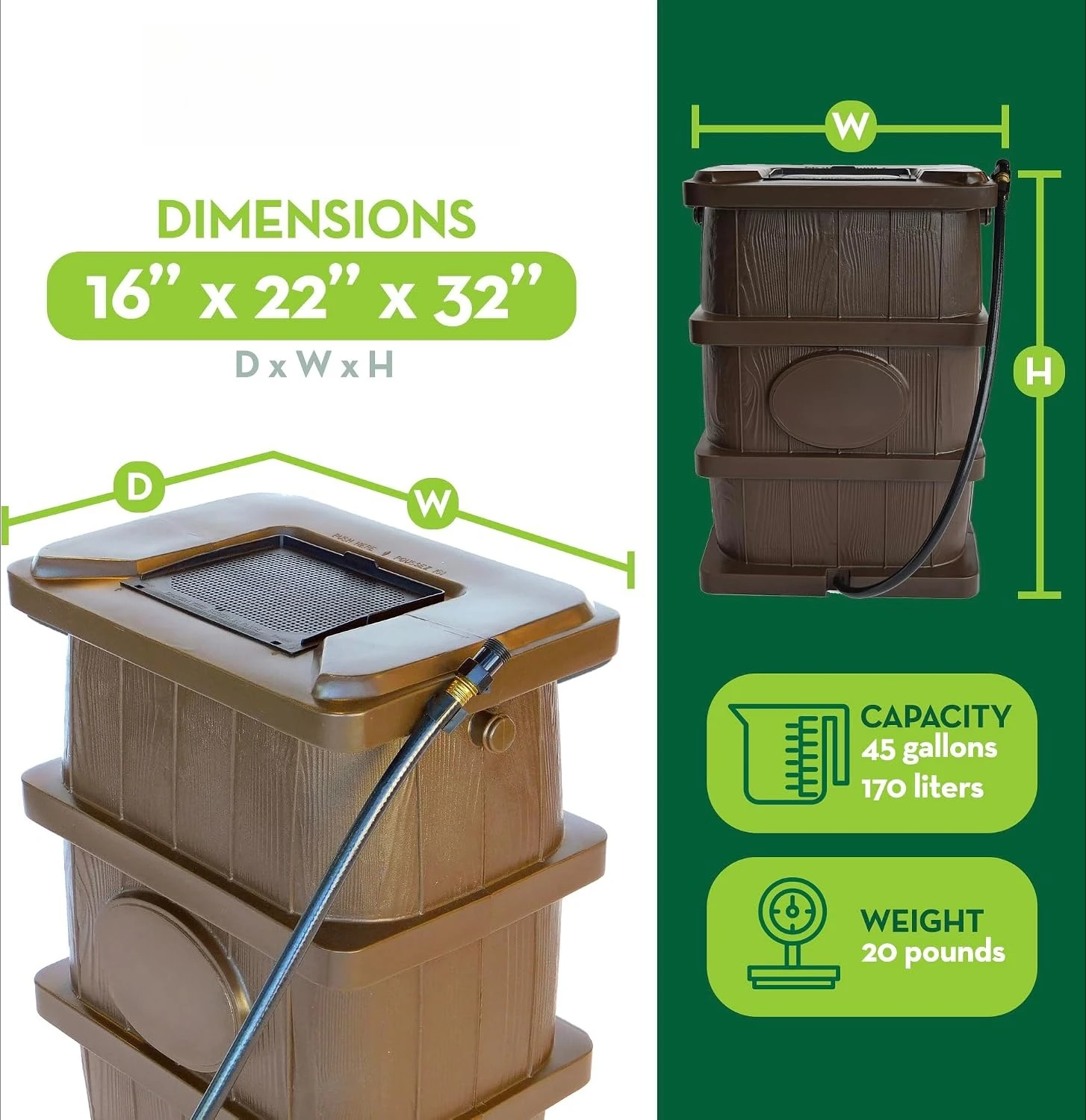 Brown 45 Gallon Slim‑Line Rain‑Water Collection Barrel, Space‑Saving Narrow Outdoor Rain Saver Storage Container for Patio, Backyard & Garden Plant Irrigation