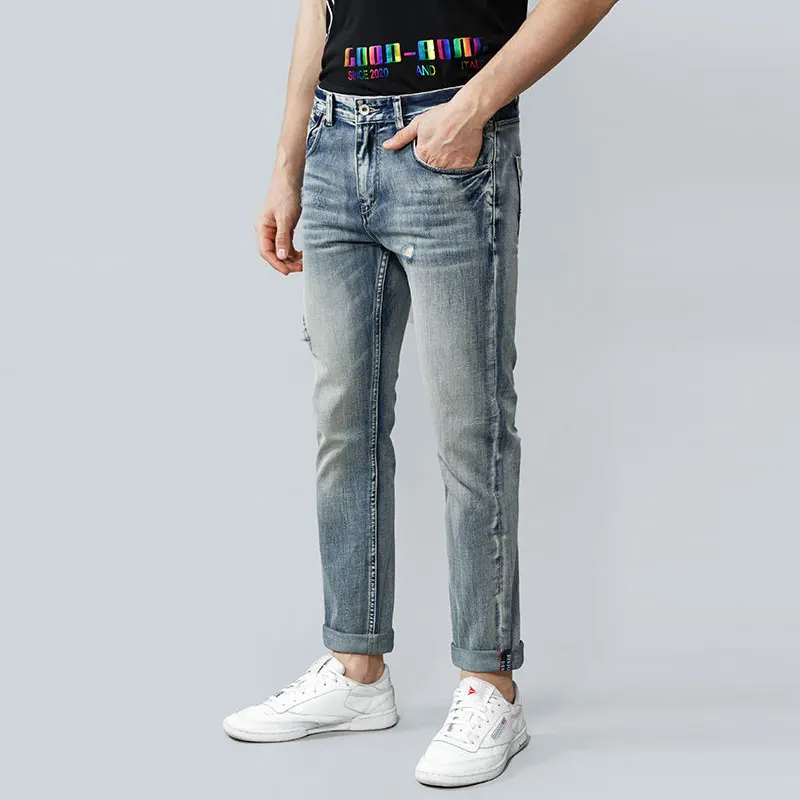 European American Street Fashion Men Jeans High Quality Retro Blue Slim Ripped Jeans Vintage Designer Redline Casual Denim Pants