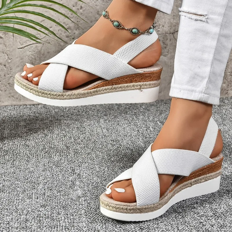 Sandalias de plataforma con punta abierta y punta redonda para mujer, cuñas de paja antideslizantes, suela suave y ligera, a la moda, novedad de verano