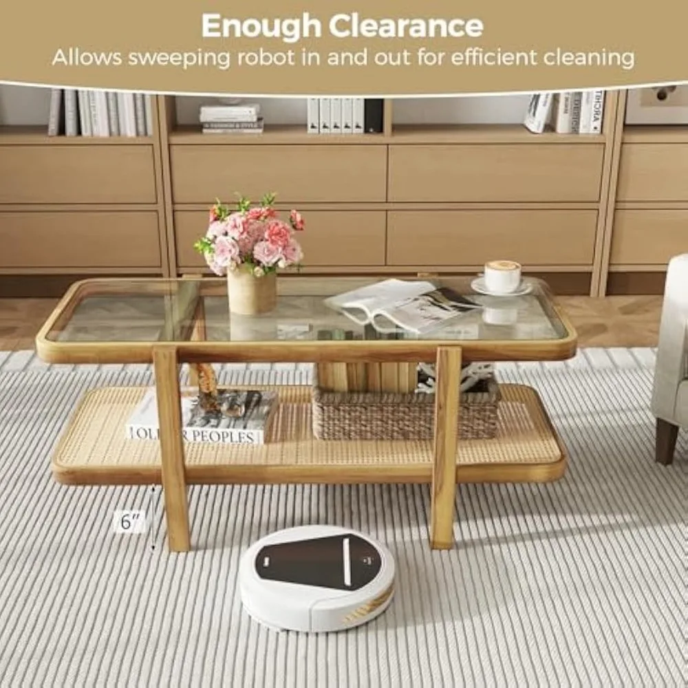 Rattan Coffee Table, 47.5" Rectangle Solid Wood Tea Table w/Tempered Glass Tabletop & PE Rattan Storage Shelf, 2-Tier Boho Coff