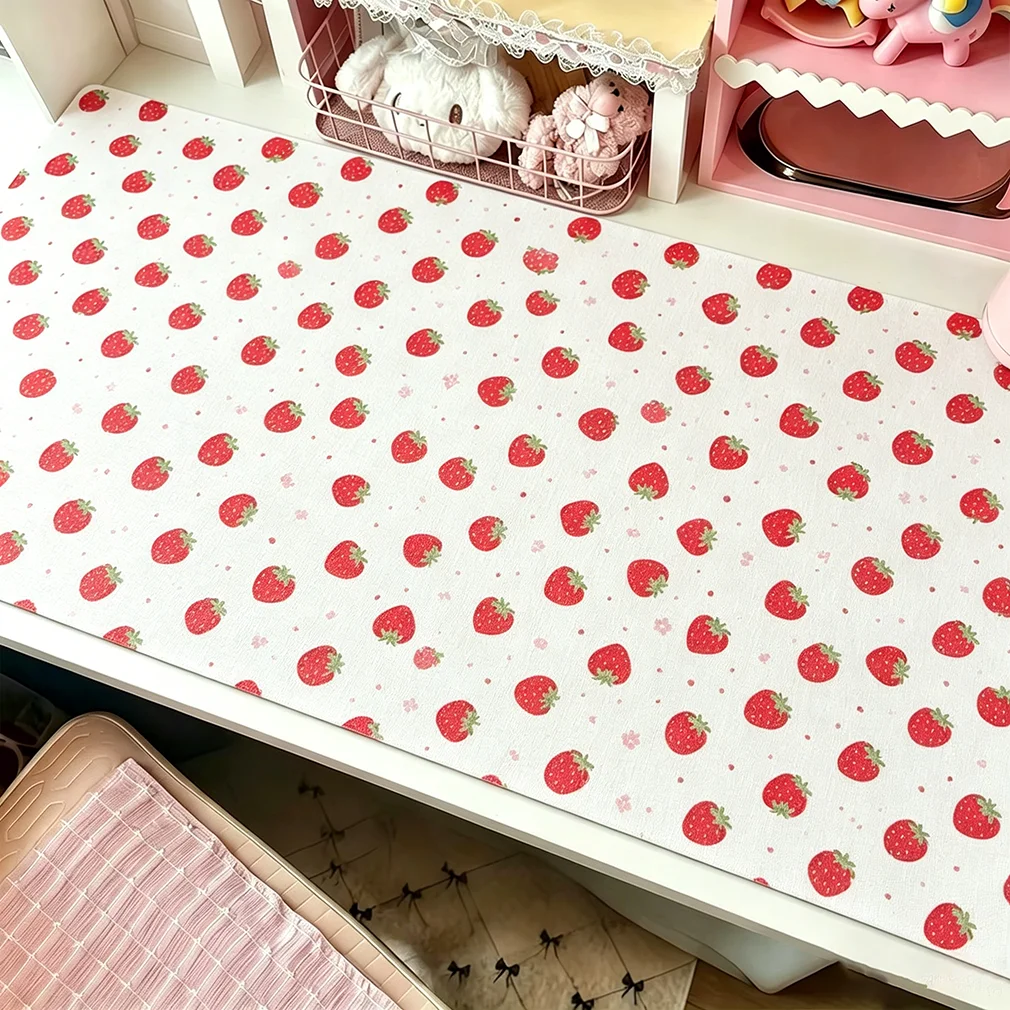 PU Leather Desk Pad Protector Red Strawberry Polka Dots Flower Kawaii Y2K Girl Mouse Extension Pad Office Desk Mat Desk Blotter