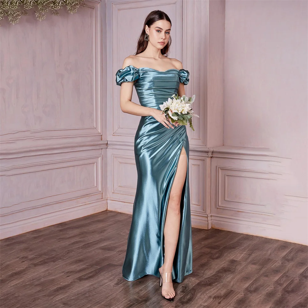 Elegante Off Schulter Satin Abendkleider Sexy Seite Slit Plissee Prom Kleider Backless Formale Partei Lange Kleider Roben De Soiree