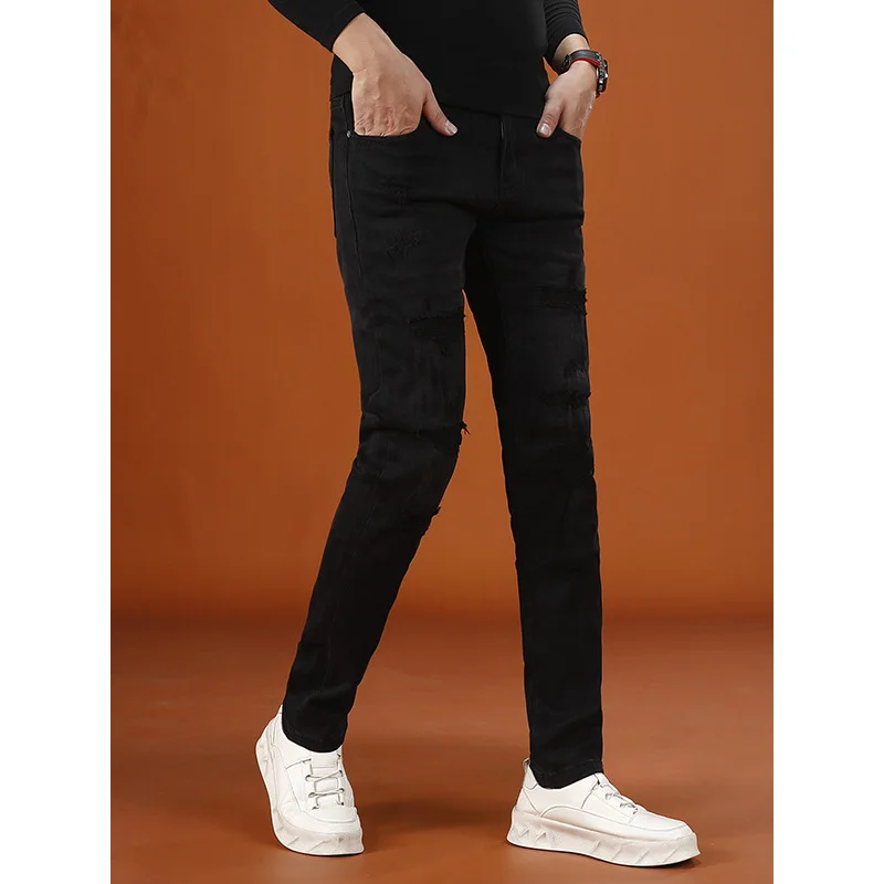 

Мужские черные брюки с маленькой ногой, новинка 2025, элитные эластичные модные уличные крутые рваные джинсы