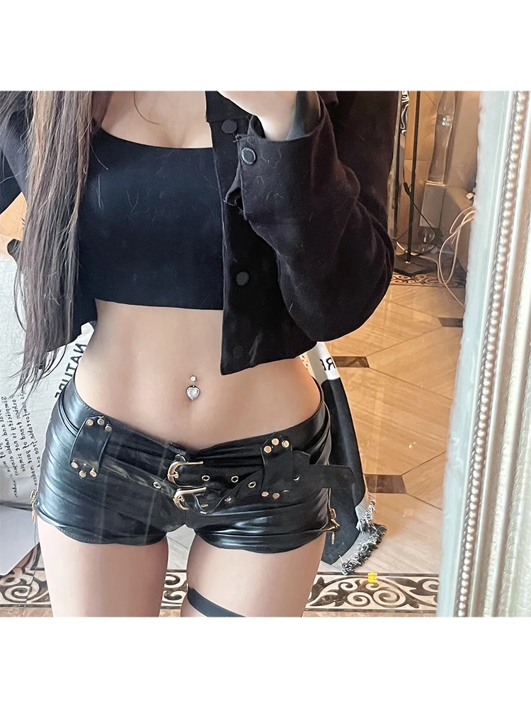 Women Black Gothic Leather Shorts Vintage Low Waist A-line Mini Shorts Y2k Harajuku Korean Short Pants Trashy Emo 2000s Clothes