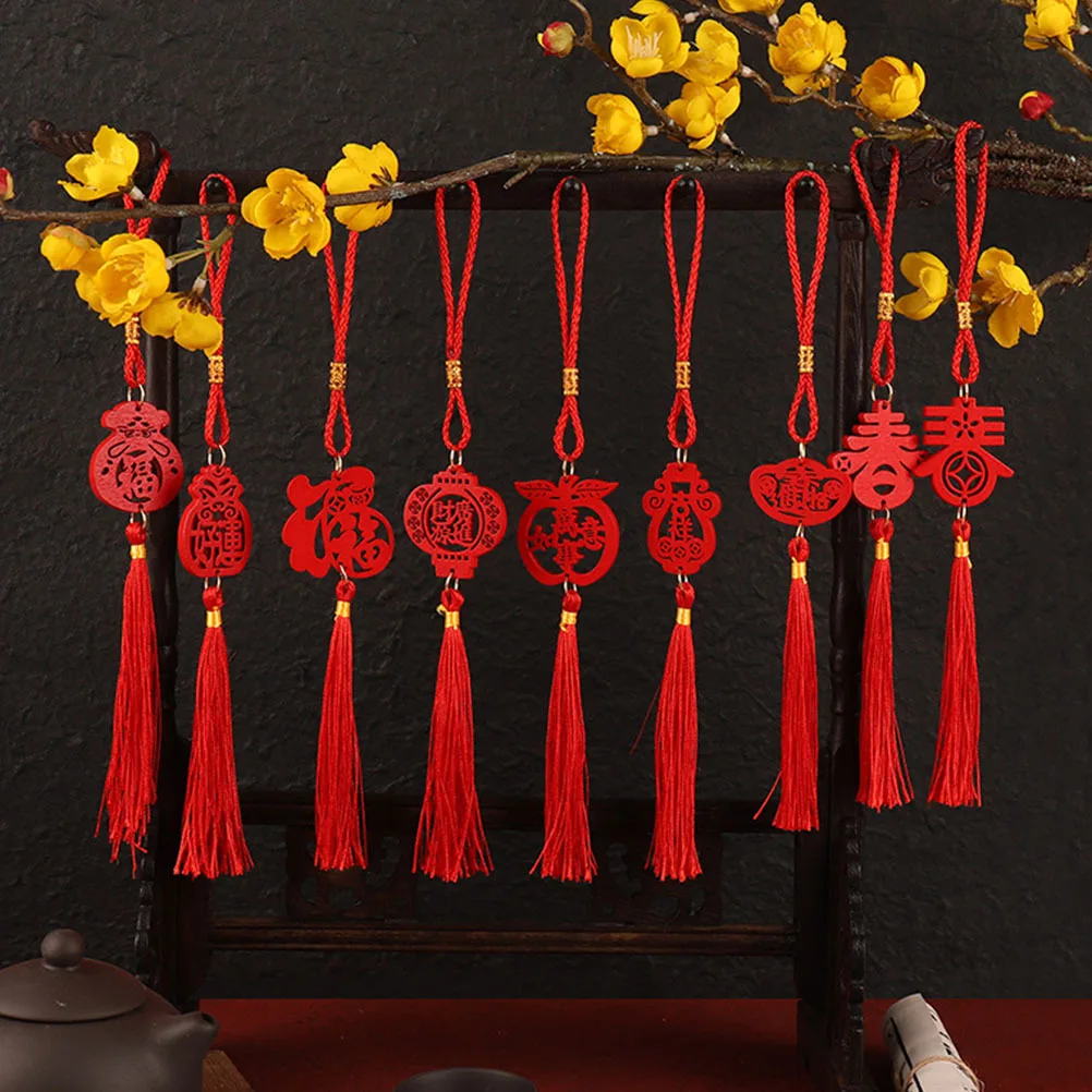 

9Pcs Chinese Tassel Ornaments Classic Wood Crafts Hanging Decorations New Year Pendant Festival Supplies Wall Door Decor