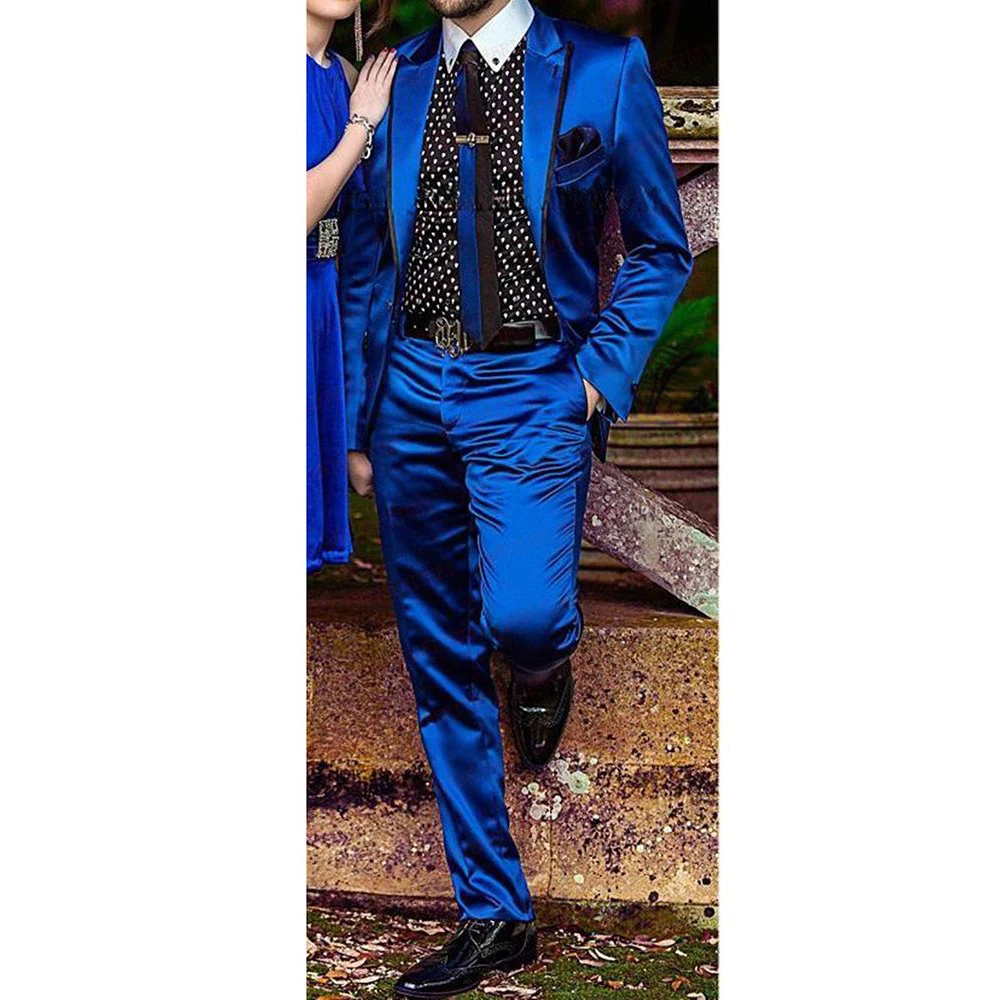 Fashion Royal Blue Satin Men Suits Set Chic Prom Dinner Party Wedding Tuxedo Slim Fit Groom Suits Custom Shiny Blazer Pants