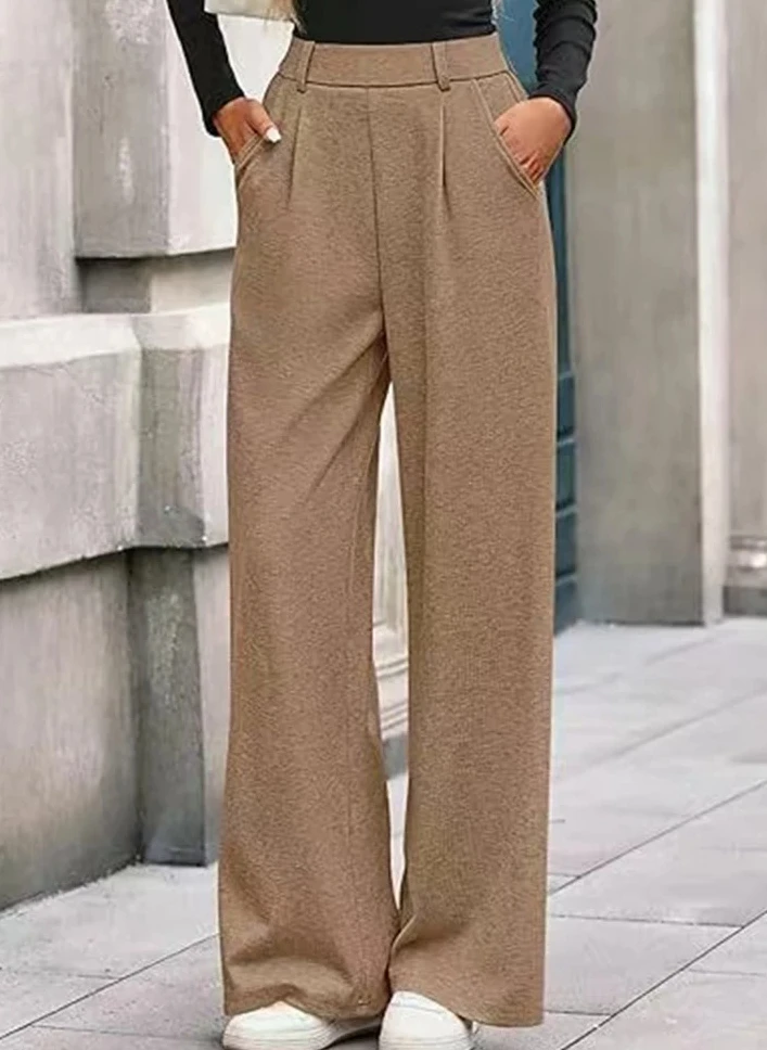 الخريف الشتاء النساء مضلع بنطال ذو قصة أرجل واسعة عالية الخصر فضفاضة تناسب مستقيم الساق بنطلون عادية مريحة التنقل