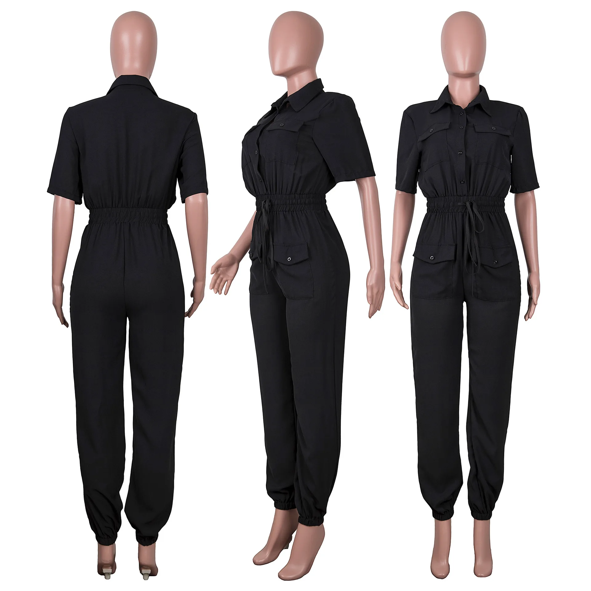 Women Lace Up Tight Waist One Piece Summer Jumpsuit Solid Overalls Casual Wide Leg Long Pants Short Sleeve Rompers 2023