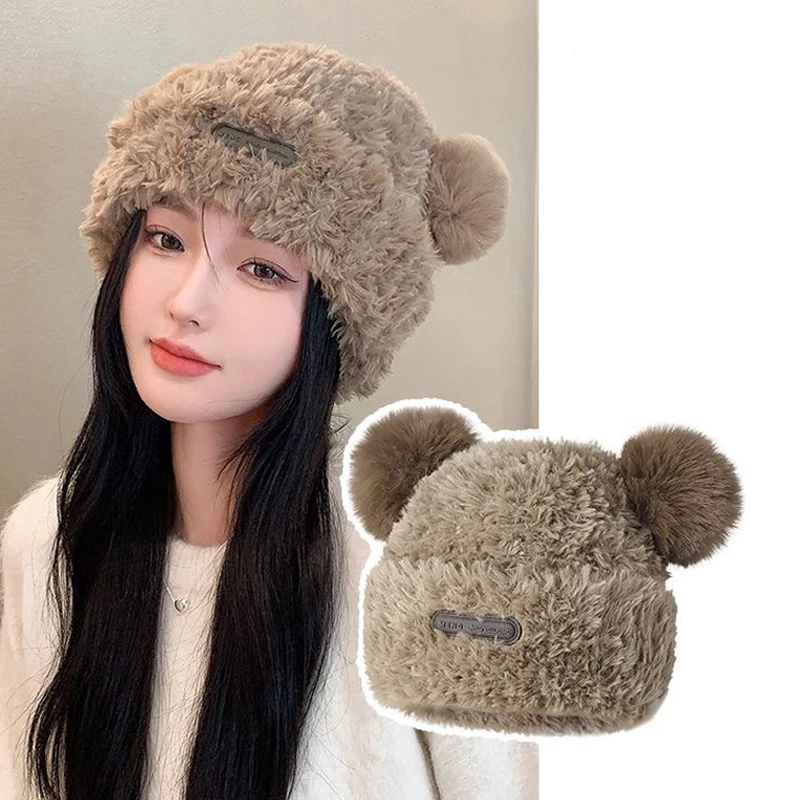 Beanie Hat Cute Plush Bear Knitted Hat Solid Color Casual Ear Protection Cap Winter Warm Coldproof Women Hats Sweet Popular Hat