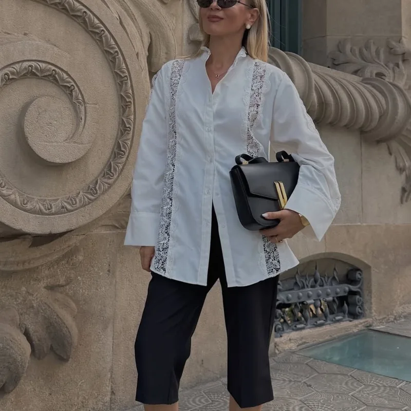 

Talenza White Lace Blouse Fashion Lace Patchwork Hollow See-Through Blouse Elegant Streetwear Commuter Vintage Women's Shirt Top