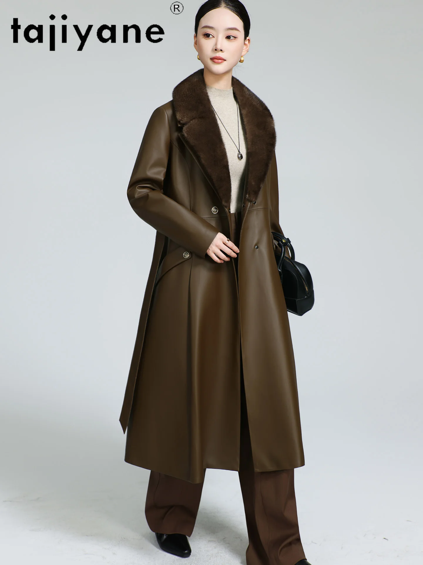 TAJIYANE 100 % genarbtes Schaffell, weißer Gänsedaunenmantel für Damen, lange Pufferjacke aus echtem Leder mit Nerzkragen, 2025, Winter