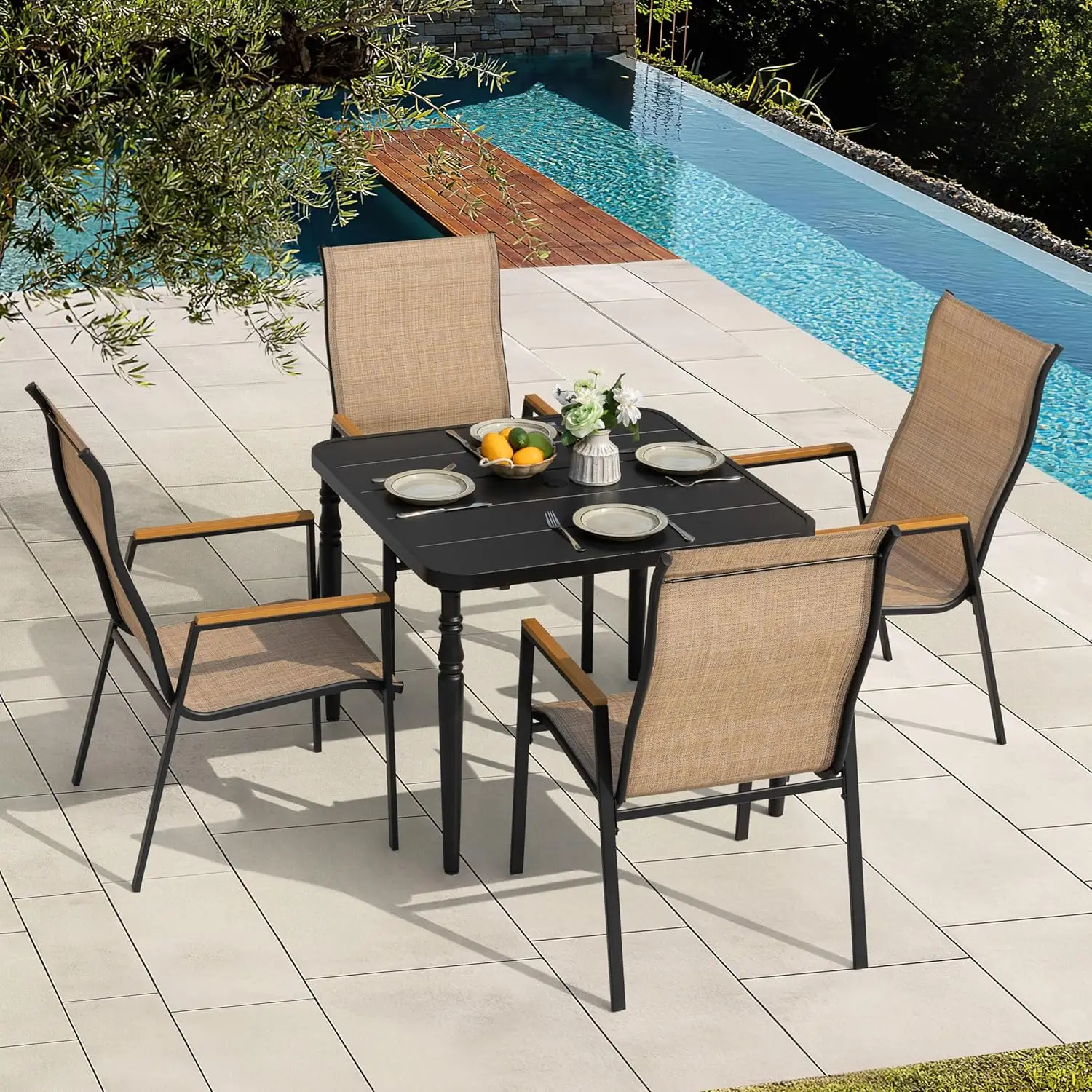 

5-Piece Square Dining Set for 4, Stackable Textilene Chairs & Umbrella Table for Outdoor Garden, Black Khaki, Customized