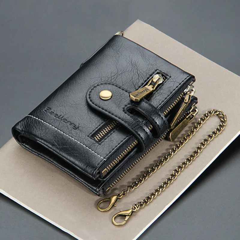 

New Men Wallets PU Leather Short Card Holder Chain Luxury Brand Men's Purse High Quality Classic Retro Male Wallet Coin Purse
