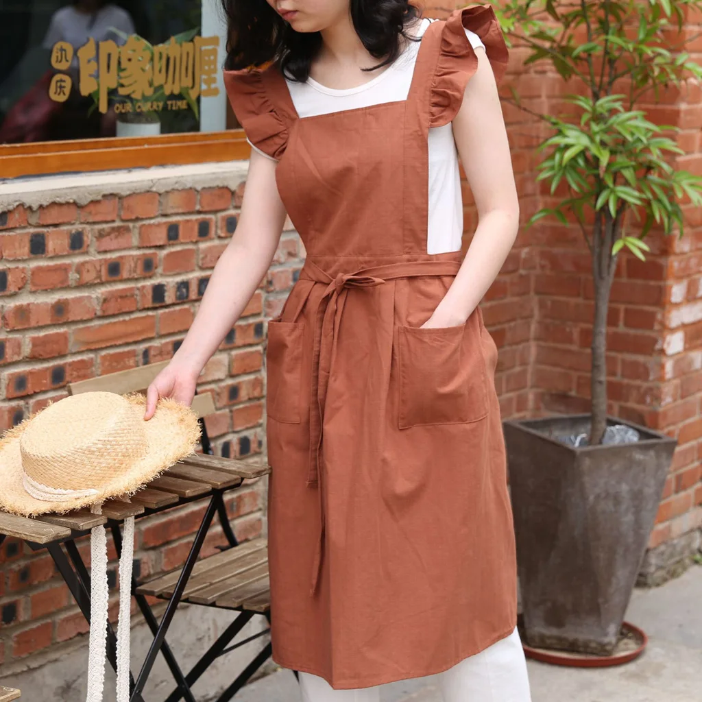 Washed Cotton Linen Retro Kitchen Aprons Flower Shop Garden Ruffles Work Clean Apron for Cooking Baking Restaurant Woman Dress