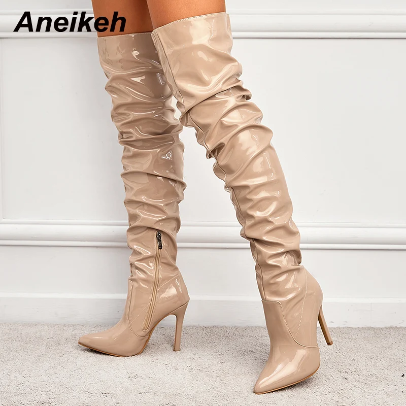 Aneikeh Patent Leather Over The Knee Chelsea Boots Women Shoes Heels Fashion Solid Sexy Thin High Heel Side Zippers Boots Female