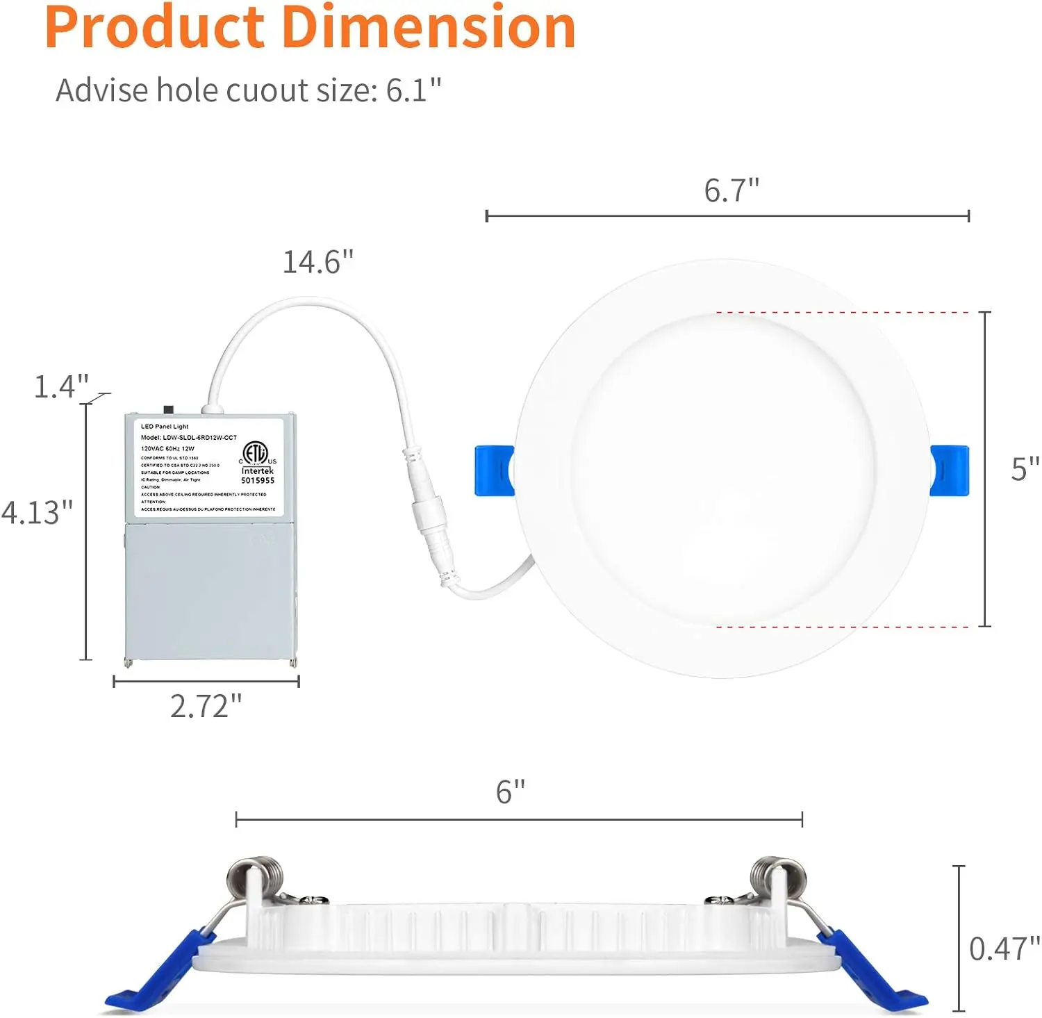 Meconard-Plafonnier LED Encastrable, 6 Pouces, 2700K/3000K/3500K/4000K/5000K Sélectionnable, Intensité Réglable 12W = 110W, 1050Lm, Ic