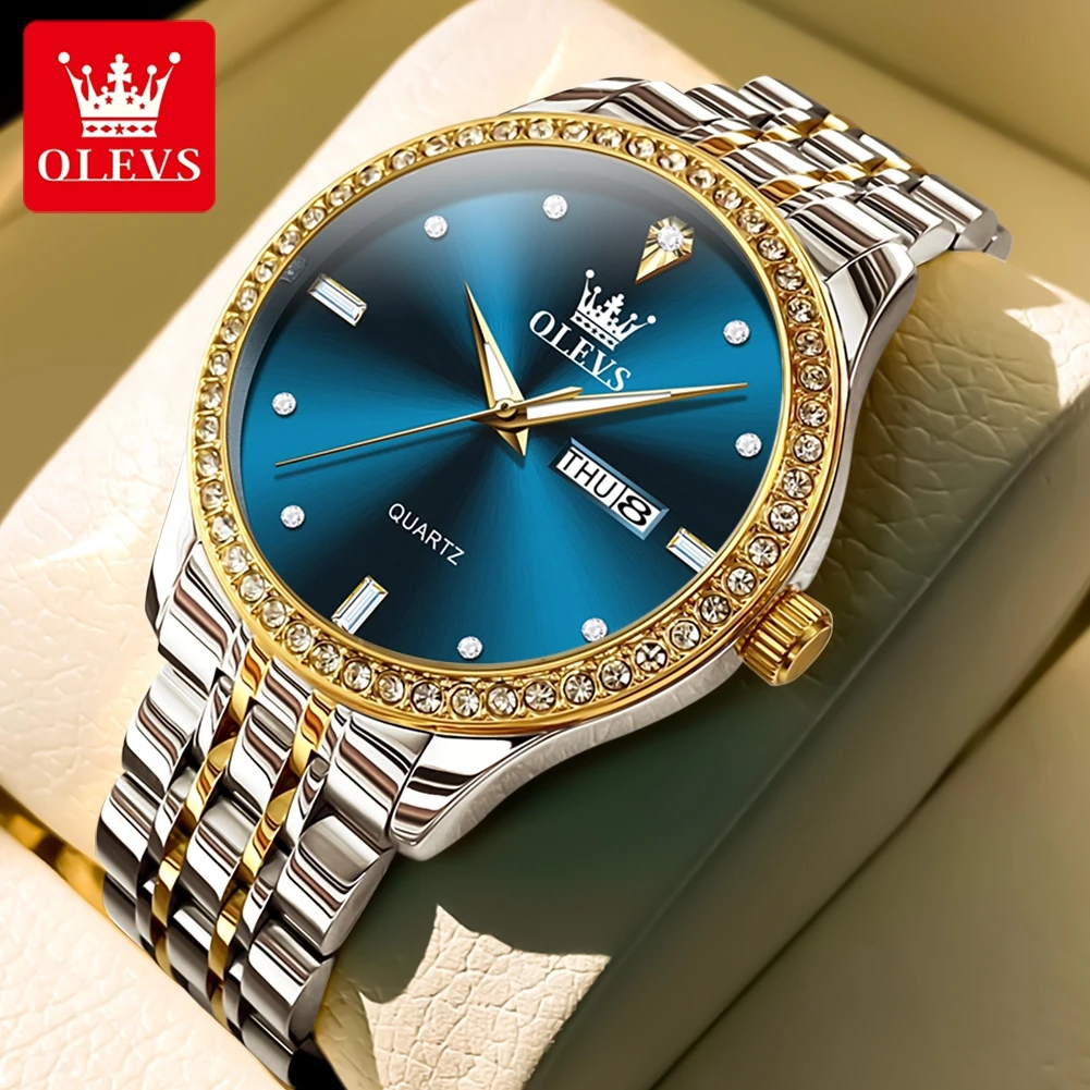 

OLEVS 3625 Dual Calendar Business Quartz Watch For Men Diamond Top Brand Luxury Man Watch Waterproof Stainless Steel Hand Clock