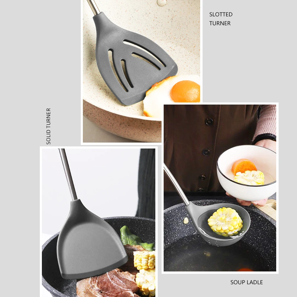 Premium Silicone Cooking Tool Set Heat Resistant Kitchen Utensils Anti-Slip Support Design Anti-scald Silicone Handle