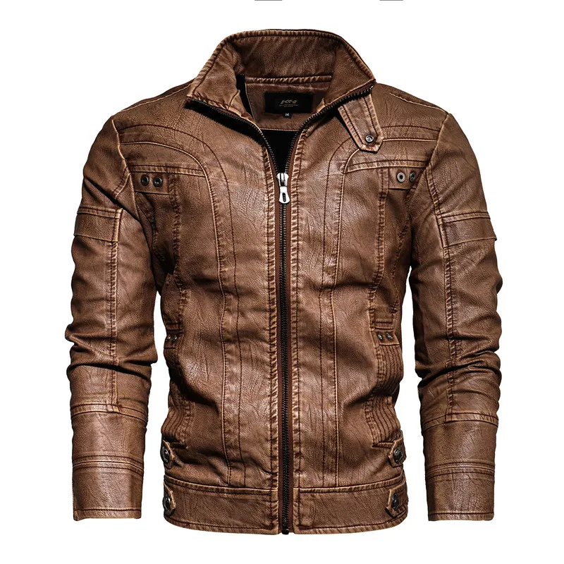 

Spring Autumn Fce Lined Biker Jaet Simple Large Size PU Leather Coat Retro Casual Leather Jaet Trendy Brand Men's Jaet