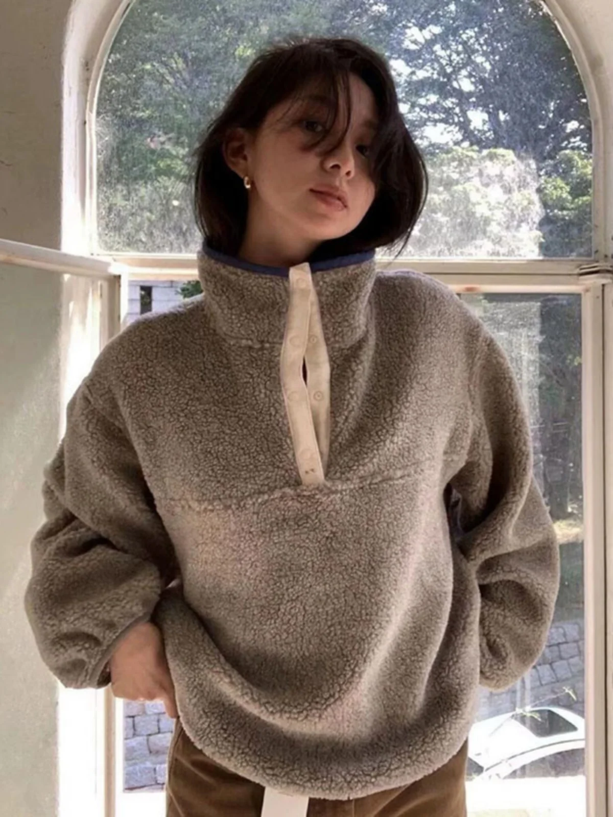 

Women's Oversize Loose Fit Thiened Lamb Fur Sweatirt High Collar Long Sve Commute Sle Regular Length Autumn Winter Coat