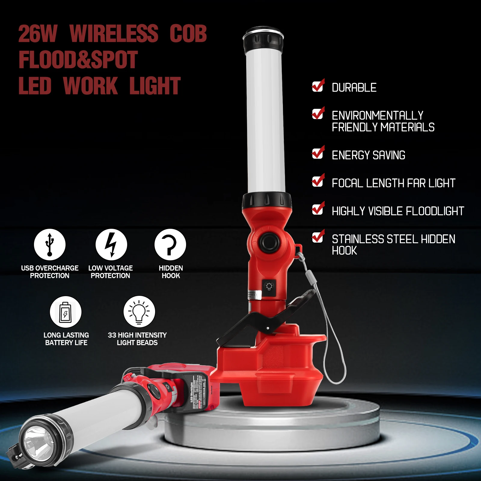 For Milwaukee 2400LM LED Work Light Clip on Light M18 Lithium Battery 30W Flood Light with a Handle