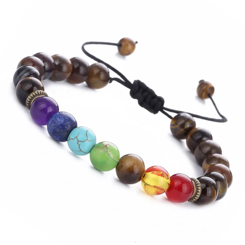 Kirykle Men Women 7 Chakra Beaded Bracelet Bangle Healing Tiger Eye Stone Chakra Prayer Charm Buddha Bracelet Adjustable Jewelry