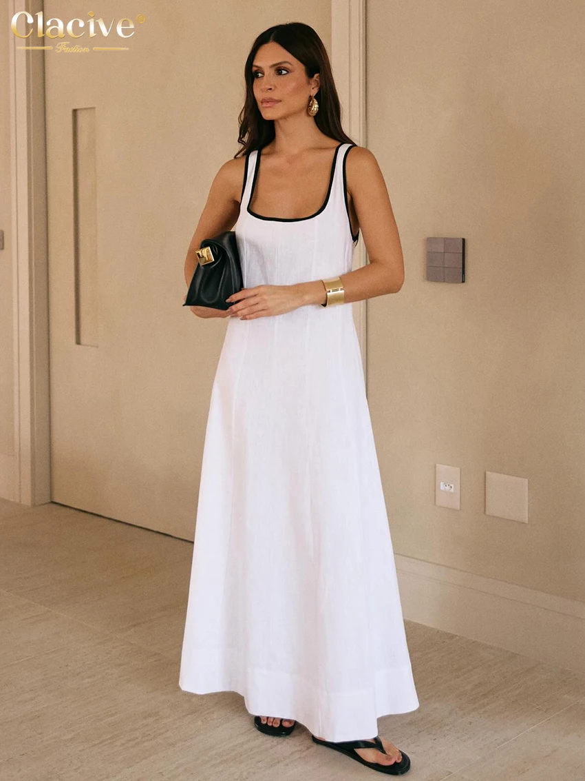 

Clacive Summer Loose White Cotton Women Dress 2026 Sexy Square Collar Sleeveless Maxi Dresses Elegant Simple Solid Female Dress