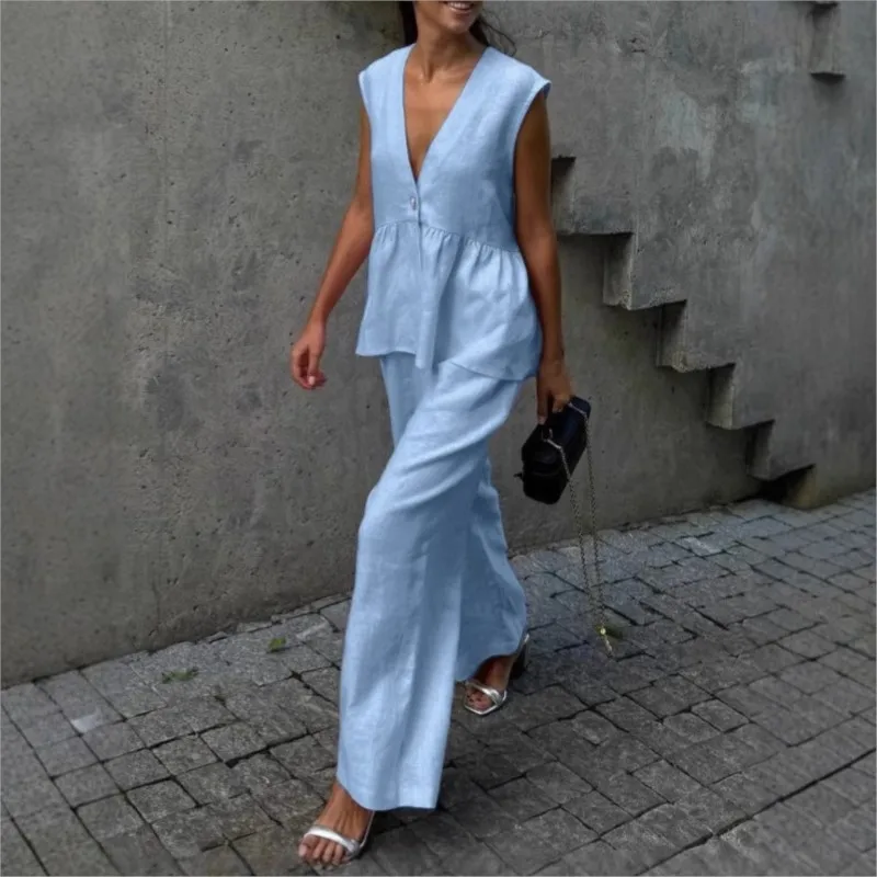 Trajes de pantalón a la moda para mujer, Top sin mangas con cuello en V, conjuntos de pantalones rectos informales para mujer, traje de verano para mujer, conjunto de 2 piezas para ir al trabajo