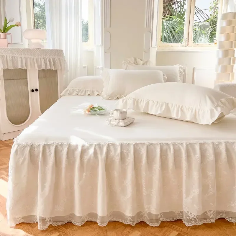 100% Cotton Princess Lace Bed Skirt + 2 Piece Pillowcases Bedding Bedspreads Sheet Pink Lace Bedding Set Bed For Girl Bed Cover