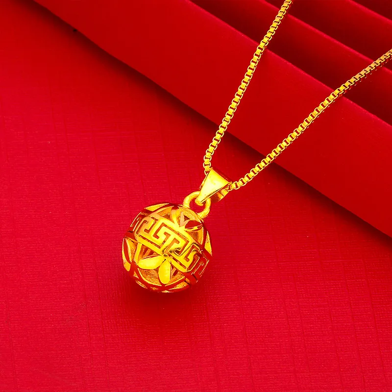 Birthday Commemorative Hollow Ball Bead Pendant With Necklace For Women 24K Gold AU999, Exquisite Heartfelt Women Present