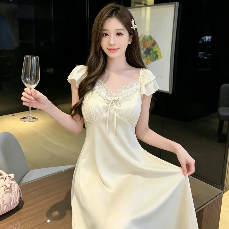 New Summer Pure Desire Lace Bow Trim Padded Ice Silk Short Sleeve Nightgown Sweet Sexy Sleepwear Women Homewear