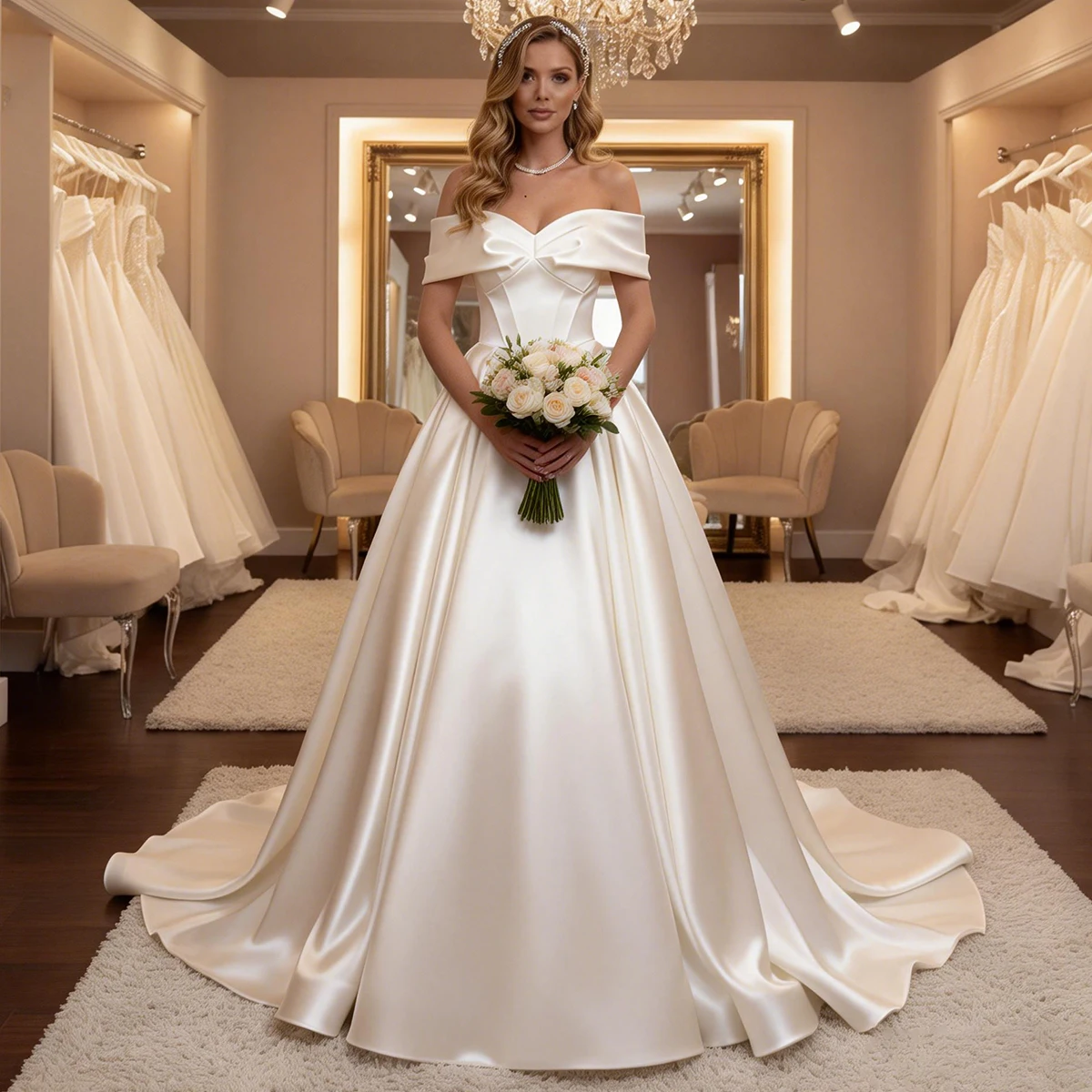 

Elegant Satin Wedding Dress With Train Long Off Shoulder Ball Gown For Women A Line Backless Bridal Party Gown Vestidos Novia