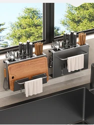 Multi-function Kitchen Knife Holder Wall-mounted Chopsticks Tube Rack Drain Integrated Storage Organizer Knives Hanger Hooks