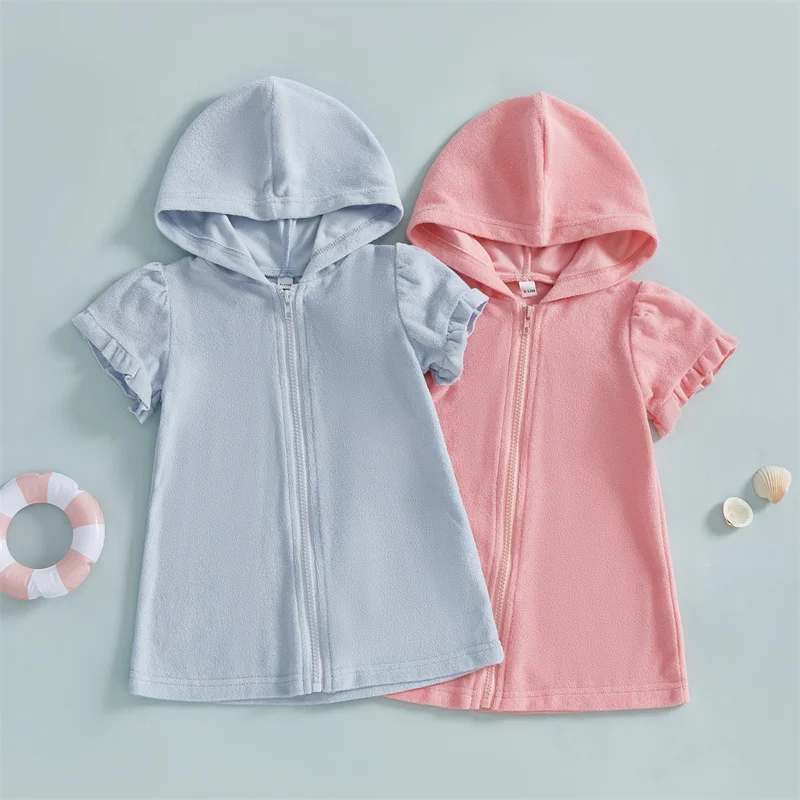 

Cathery для маленьких девочек, накидки на бикини, однотонный халат с короткими рукавами и капюшоном, полотенце на молнии, пляжная одежда, одежда для малышей, От 1 до 6 лет