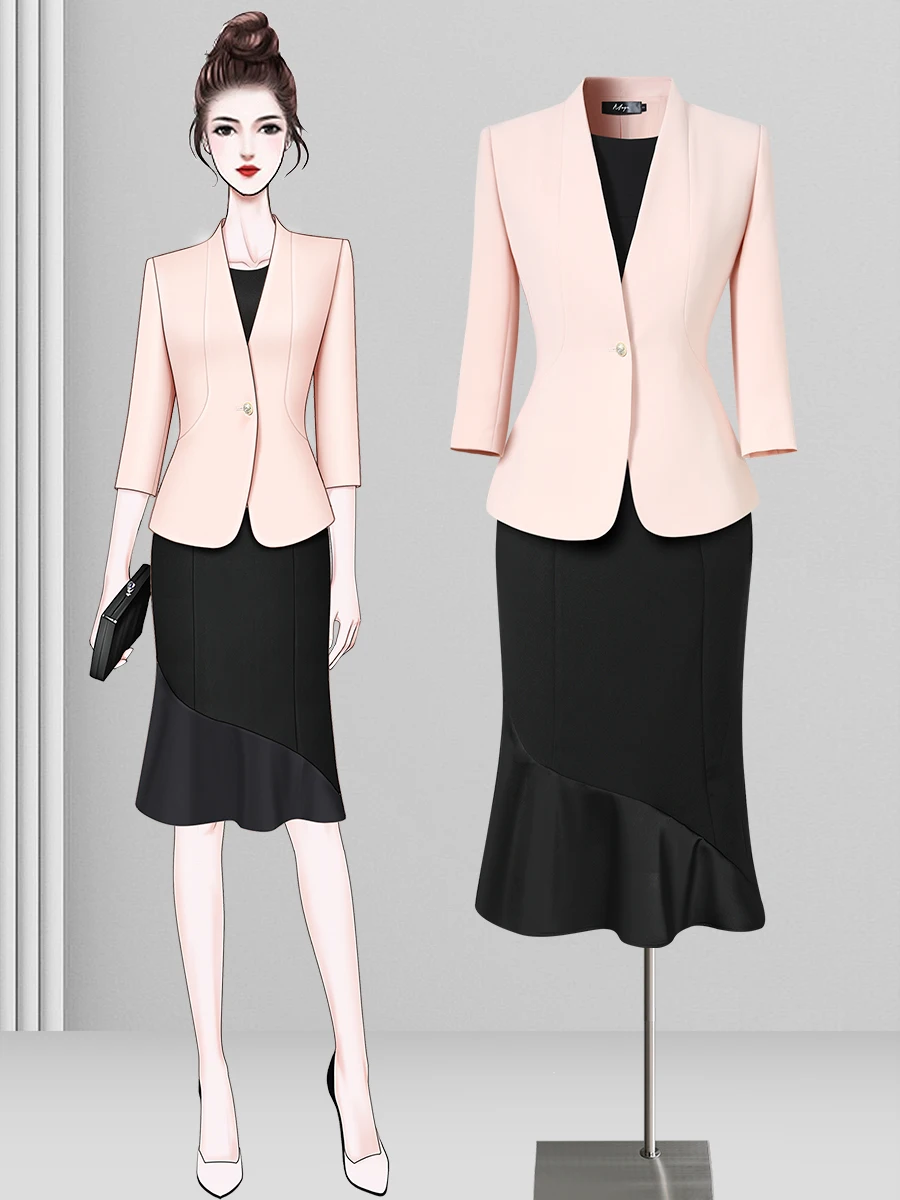 

Professional Women's Spring Autumn Hotel Front Desk Receptionist Suit Set Fashionable Workwear Skirt Suit Korean Style