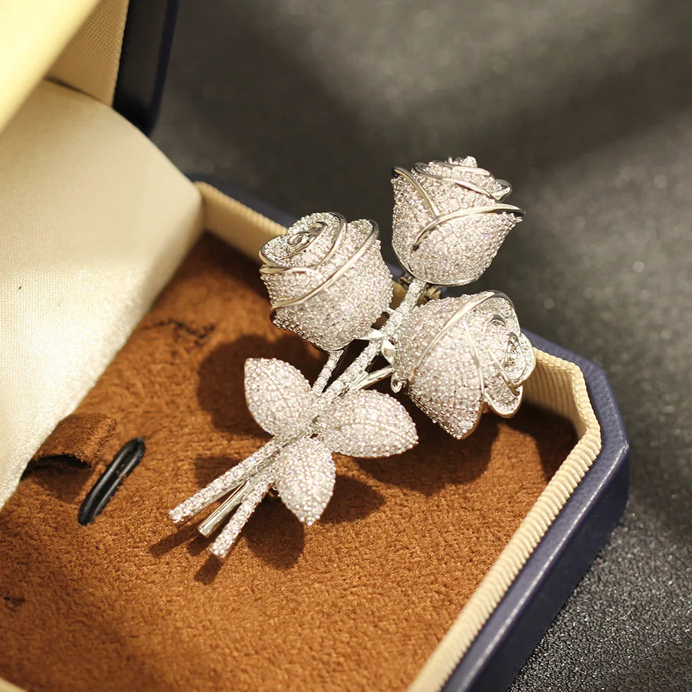 

Rose Bouquet Brooch,Heavy Industry Full Zircon Crystal Corsage, Vintage Elegant Coat Pin Gift
