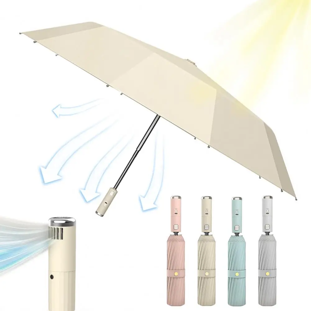 Sun Umbrella with Fan 3 Levels Adjustable USB Rechargeable UV Blocking Umbrella Foldable Automatic Sun Rain Umbrella