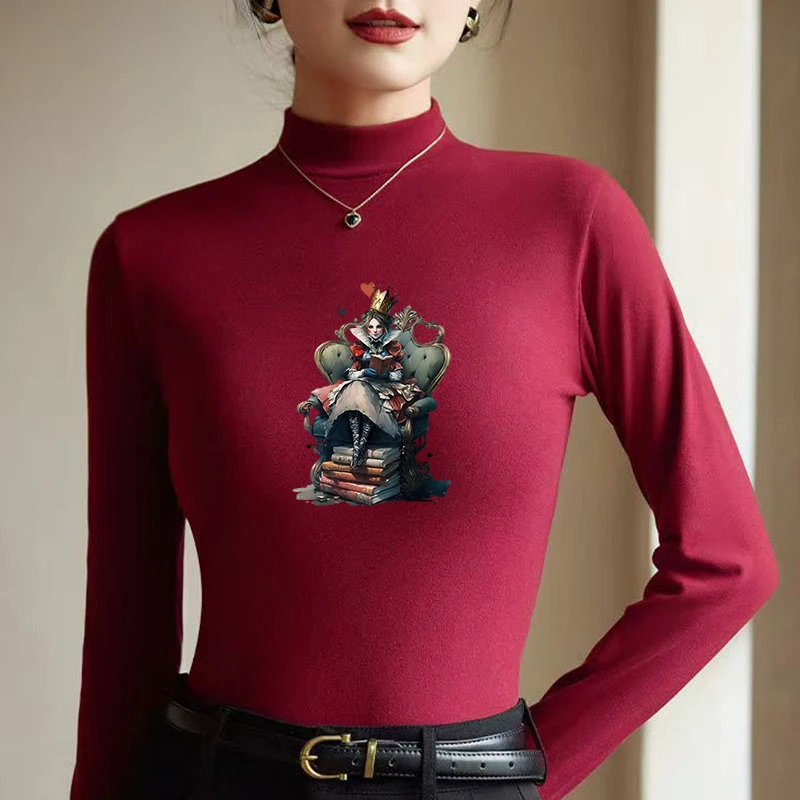 Winter Women's Thermal Brushed Fleece Half Mock Neck Long Sleeve T Shirt Queen on Throne Reading Graphic Warm Tee
