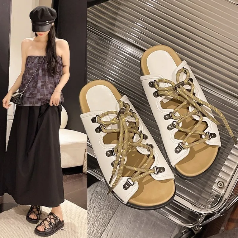 

Summer New Retro Thick Soled Lace Up Slippers for Women's Outdoor Wear, Height Increasing Anti Slip Cool Slippers Shoes Women