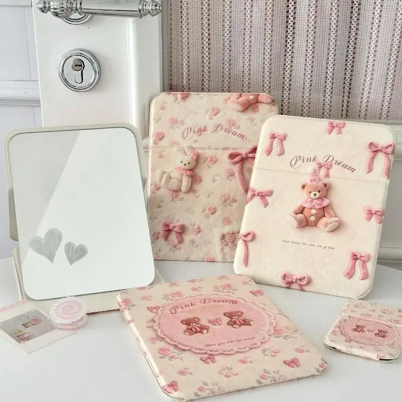 Foldable Desk Makeup Mirror Cute Bear Bowknot Pattern Portable Flip Cosmetic Mirror For Student Travel Dorm Bedroom Makeup Use
