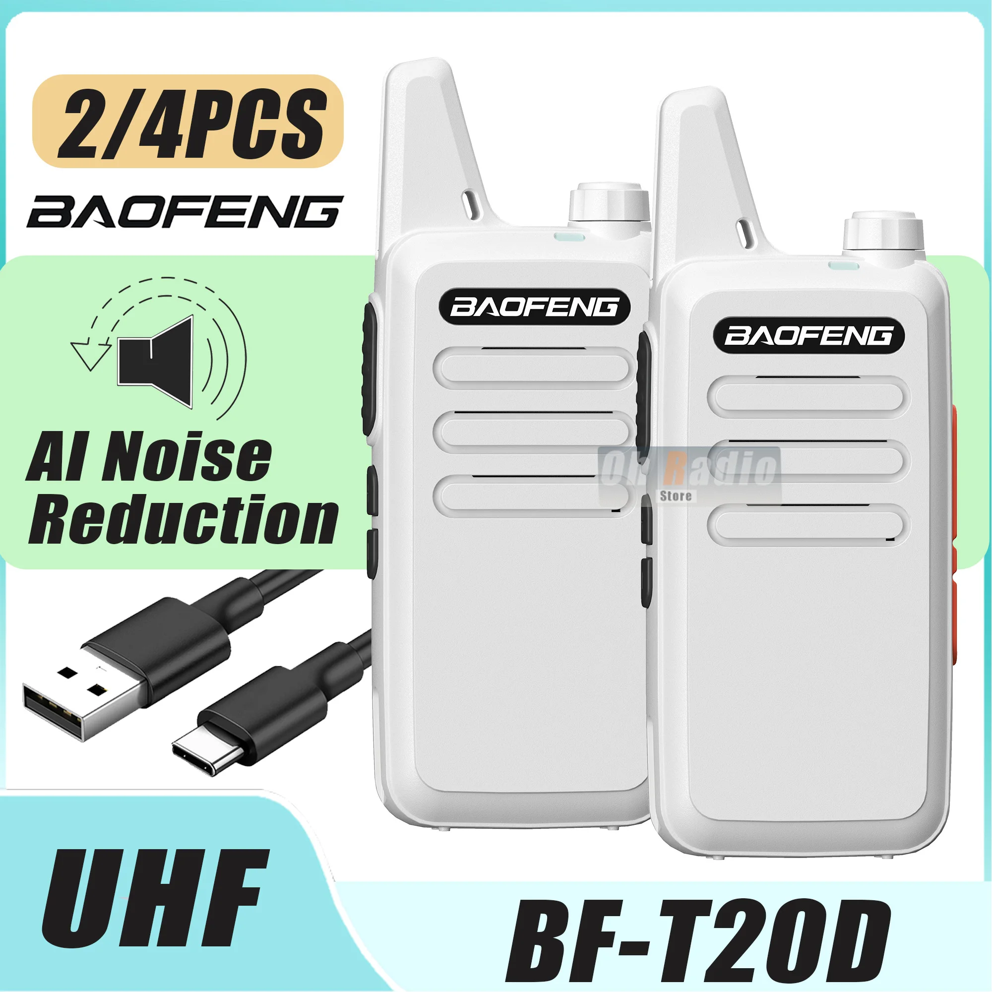 2-4個入り-バオフェン-bf-t20d-ワーキートーキー-ノイズリダクション-ホワイトカラー-usb-c充電器-uhf-5km-16ch-bf-t20ミニ双方向無線機のアップグレード版